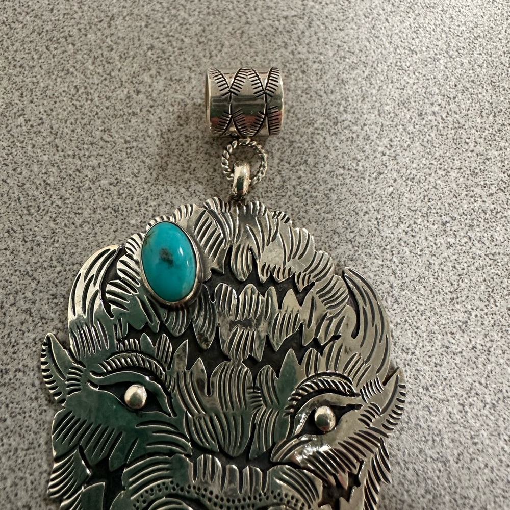 Huge Sterling Buffalo Head Pendant With Turquoise Look At The Detail! - Picture 2 of 5